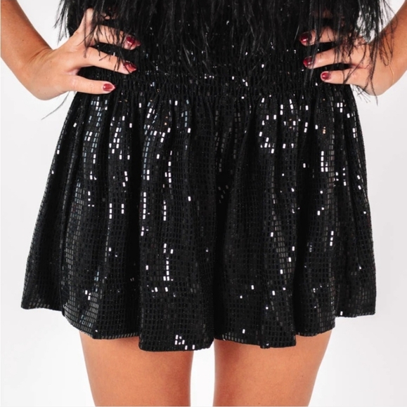 Queen Of Sparkles Solid Black Sequin Disco Swing Shorts - Picture 1 of 7